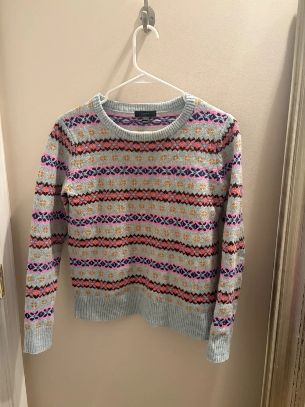 J Crew grey, multicolored Fair Isle pull over sweater.